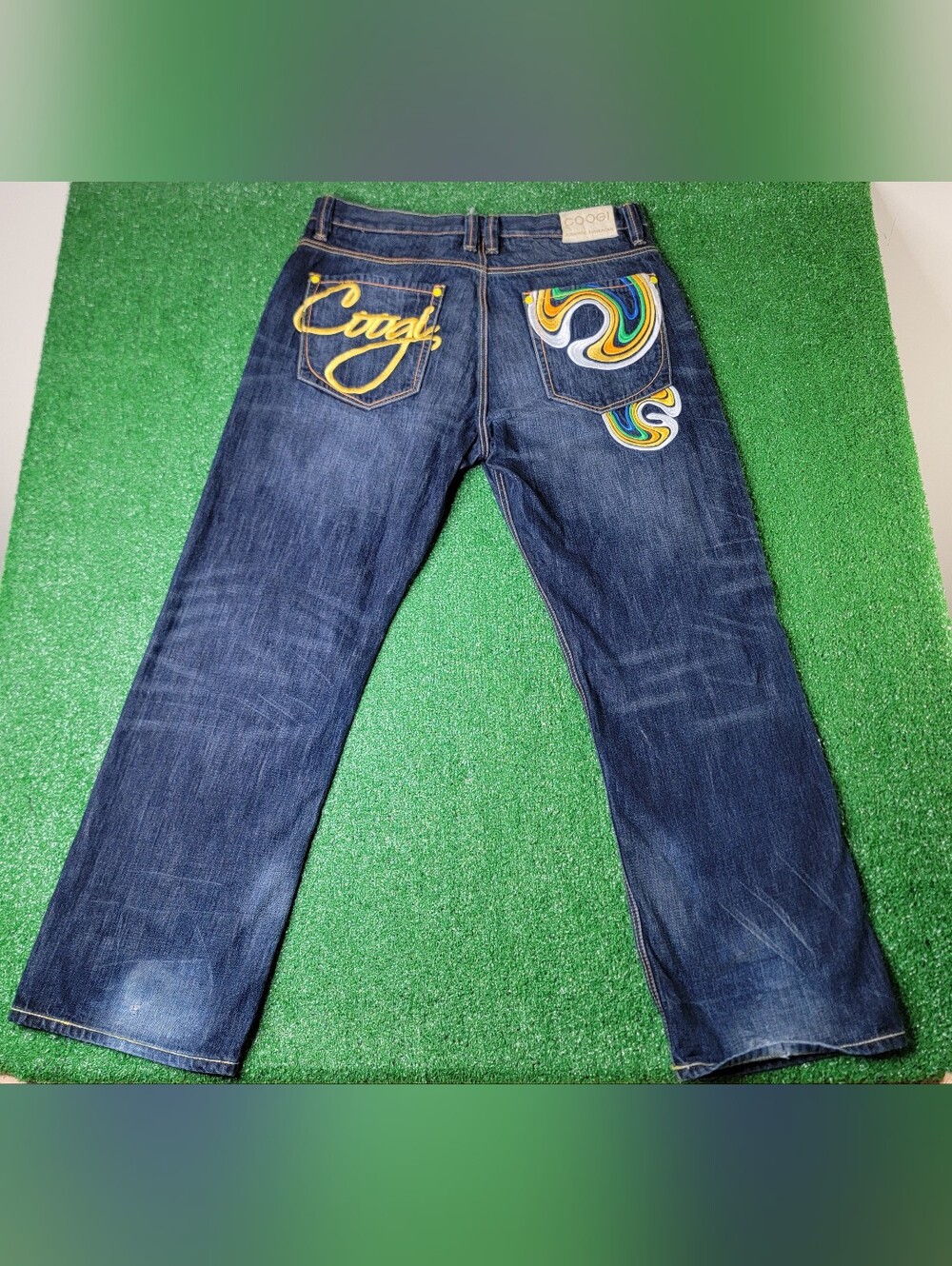 Coogi Authentic Australian Men's Y2K Embroidered Baggy Jeans 40x34 Blue Gold